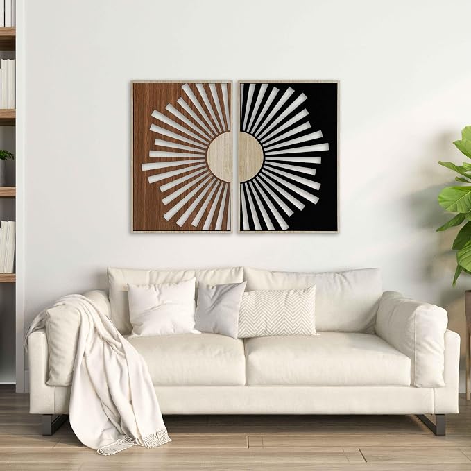 Boho Sun Wood Wall Art Set of 2, Mid Century Modern Sunburst Wall Decor, Celestial Wooden Diptych Panels, Geometric New House Gift for Living Room and Bedroom