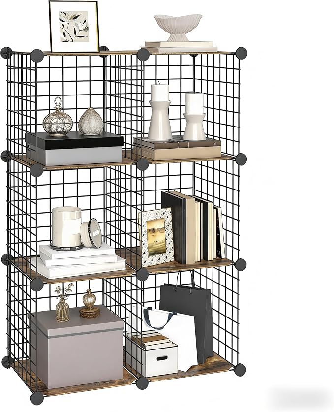 HOOBRO Wire Cube Storage Organizer, 6-Cube Shelves, Modular Shelves with Metal Grid, DIY Closet Cabinet for Living Room, Bedroom, Rustic Brown and Black BF06CW01