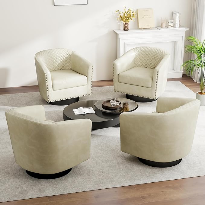 Swivel Barrel Accent Chair, Comfy Modern Upholstered Round Faux Leather Arm Chair for Living Room, Bedroom(Beige, Set of 1