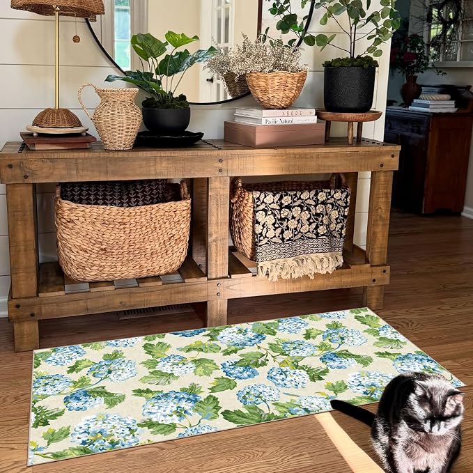 Front Door Mat Indoor Entrance - 2x4.3 Ft Spring Washable Layered Doormat Outdoor Entrance Porch Rug Non-Slip Light Blue Green Floral Runner Rug for Kitchen Bedroom Laundry Room Porch Decor