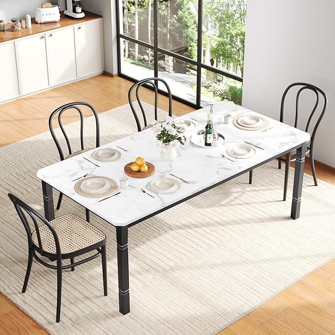 IDEALHOUSE 79" Dining Table for 6-8 People, Modern Rectangular Kitchen Table with Sturdy Metal Legs, Large Wood Farmhouse Dining Room Table for Home Office, Conference, Black & White
