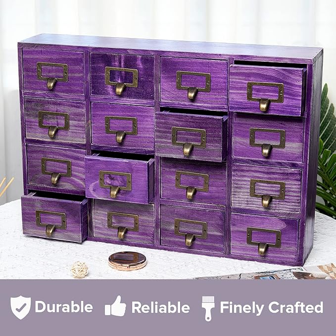 Purple 16-Slot Wooden Drawer Unit - Country Style Desk Organizer Box - 20"x3.6”x14” Wooden Storage Box w/ 16 Drawers - Countertop Drawers w/Label Holder & Handle - Slim 4-Level Organizer