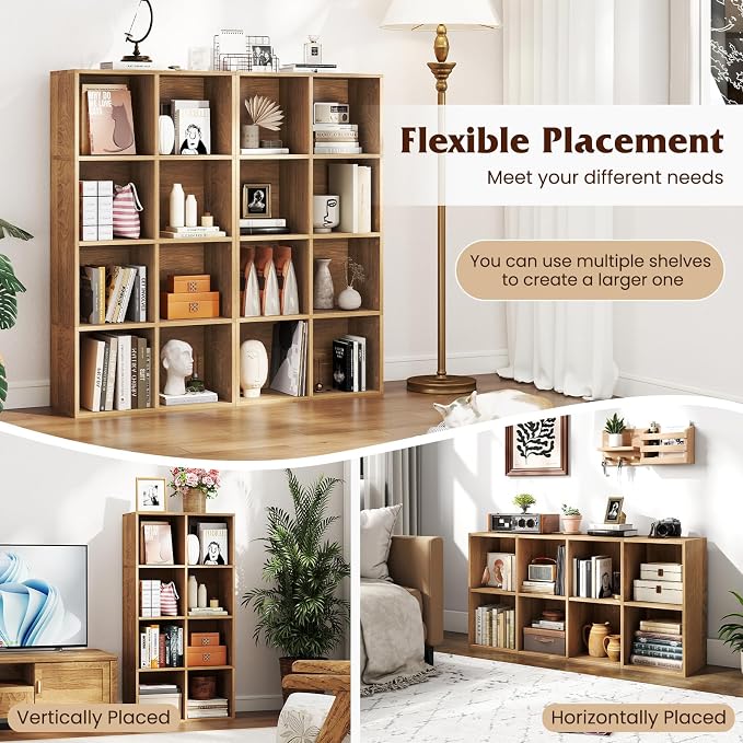 Tangkula 8-Cube Bookcase, Large Floor Standing Horizontal Bookshelf with 8 Open Shelves & 2 Anti-Tipping Kits, Home Office Wooden Storage Book Shelf for Living Room, Study (Natural, 8-Cube)
