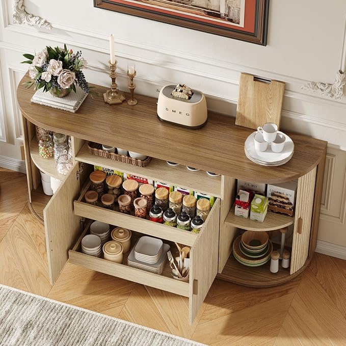 63" Sideboard Buffet Cabinet with Storage, Modern Fluted Accent Credenza with Sliding Doors, Drawers and Adjustable Shelves, Wood Coffee Bar Console Table for Kitchen, Living Room, Enrtyway (Oak)