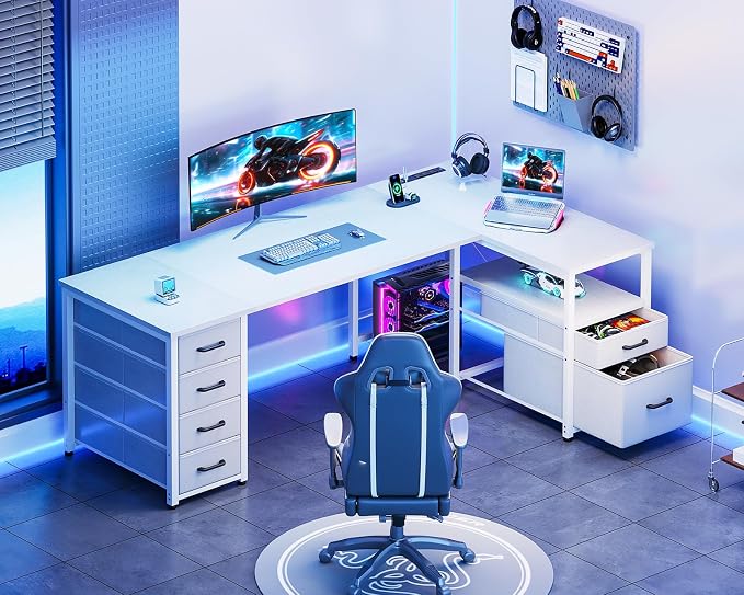 Coleshome L Shaped Computer Desk with 6 Drawers & Power Outlet, 63 Inch Office Desk with Reversible Storage Shelf & File Drawer, Home Office Desk, White