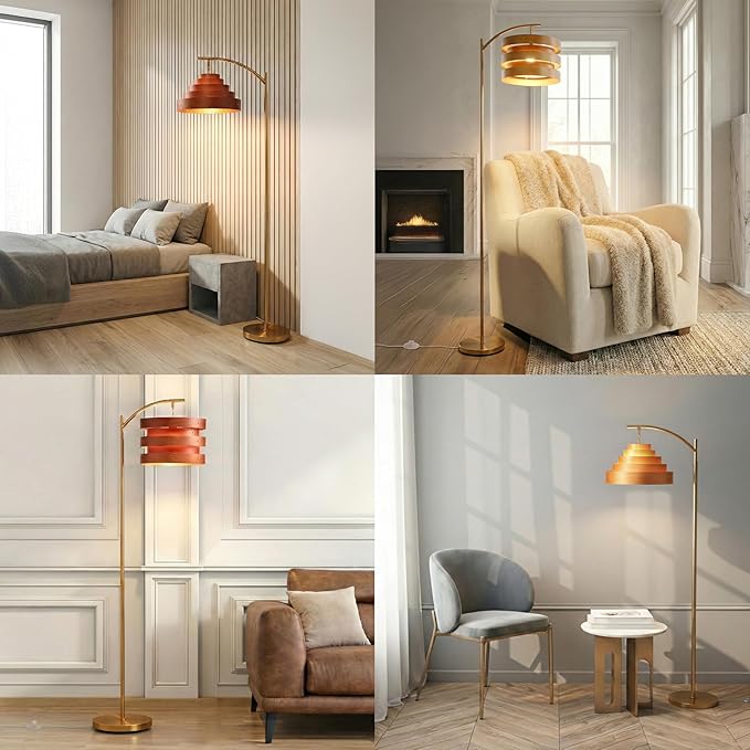O’Bright Strata Wooden Floor Lamp - Mid Century Modern Standing Lamp with Layered Wood Shade, Tall Reading Lamp for Living Room, Bedroom, Office, Black, Light Oak, Cascade Shade
