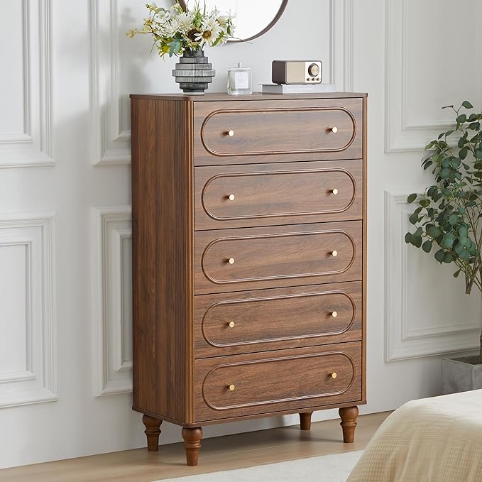ORRD Fluted 5 Drawer Dresser for Bedroom, Mid Century Modern Chest of Drawers, Wood Storage Large Dresser Organizer for Bedroom Living Room Hallway Closet, Walnut