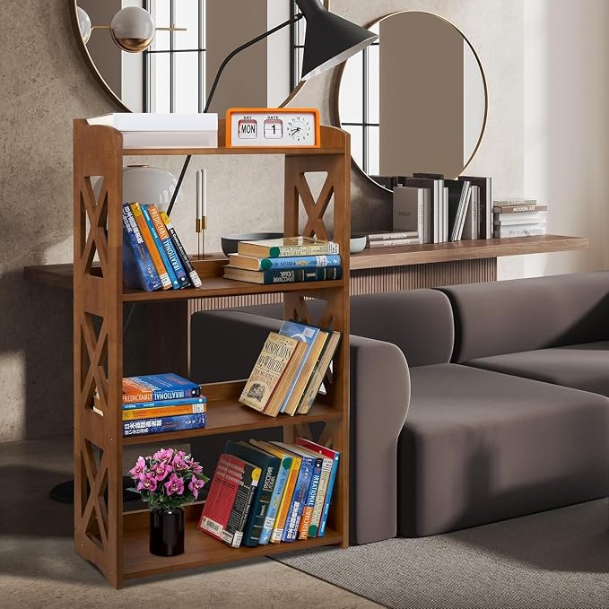 4 Tier Bookshelf, Wood Bookshelf with Open Shelves, Narrow Bookshelf Freestanding Storage Organizer, 4 Shelf Bookcase Small Bookshelf Display Brown Bookcase for Living Room Bedroom Office