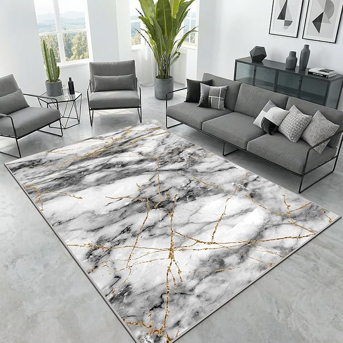 Merelax 5x8 Rug for Bedroom Livingroom - Washable Non-Slip Large Area Rug, Indoor Floor Carpet Low Pile Soft Rug for Dining Room, Mudroom, Modern Aesthetic Abstract Geometric Decor, Grey/Gold
