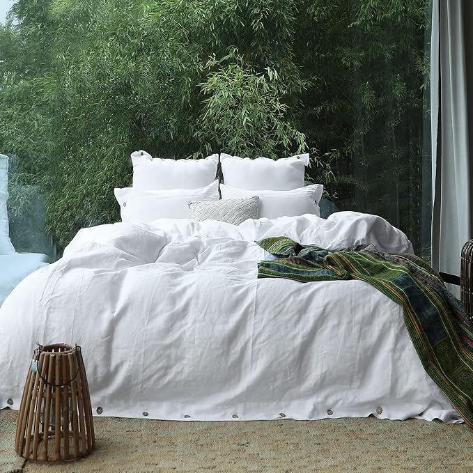 Simple&Opulence 100% Linen Euro Shams with Coconut Button (26'' x 26'') - Pack of 2 - Washed Solid Color Natural Flax Soft Breathable - White