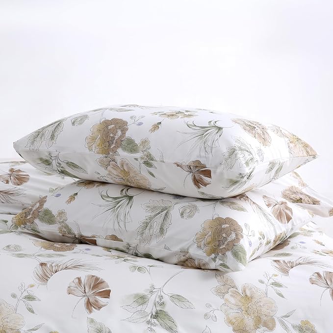Floral Duvet Cover King Size 100% Cotton Duvet Cover Set Khaki and Green Floral Duvet Cover with Zipper Closure & Corner Ties 3 Pcs Soft & Breathable Comforter Cover Sets