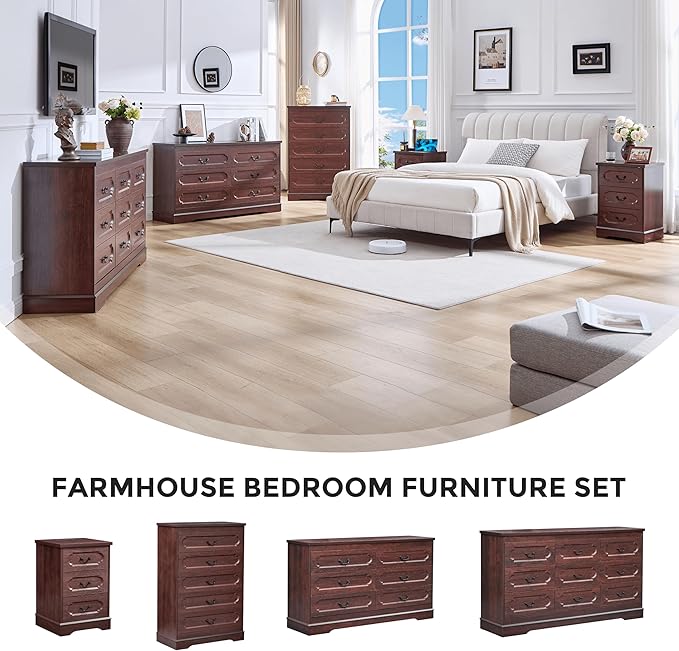 LIDYUK 6 Drawer Dresser for Bedroom Farmhouse Cherry Tall Wood Chest of Drawers for Bedroom Dresser, Modern Rustic 55" Wide Drawers Dressers Wooden Closet and Storage Cabinet, Hallway, Living Room