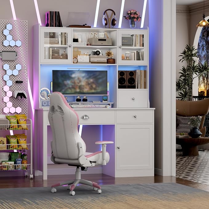 FACBOTALL Computer Desk with Hutch and RGB Lights, 65" Office Desk with Power Outlet, Makeup Vanity with 3 Doors & 3 Drawers, Executive Desks for Home, Work and Study, White