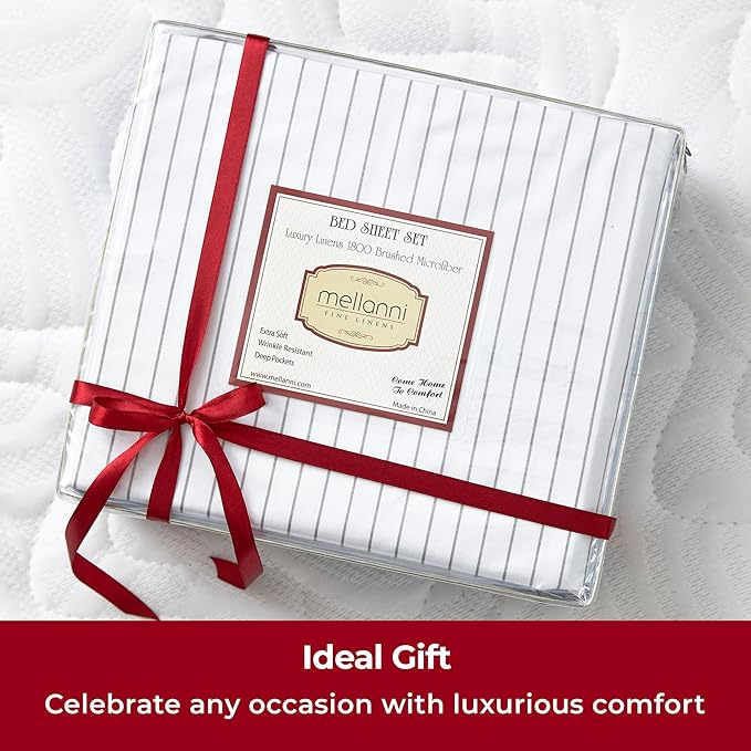 Mellanni Queen Sheets Set - 4 PC Iconic Collection Bedding - Hotel Luxury, Extra Soft, Cooling Bed Sheets - Wrinkle, Fade, Stain Resistant (Queen, Pinstripe Gray)