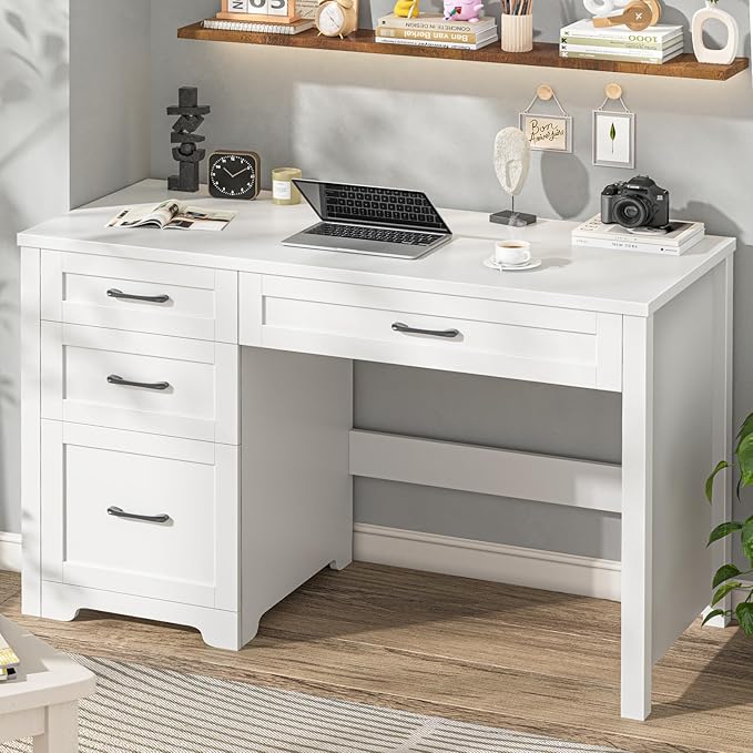 Vabches Farmhouse 47" Executive Desk with File Drawer, Wood Computer Desk with 3 Storage Drawers, Workstation for Home Office, Study, Writing.White.