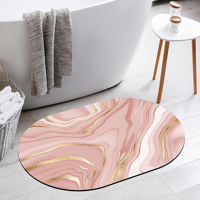 Bathroom Rug Mat Abstract Pink Golden Marble Oval Bath Mat Doormat Absorbent Quick Dry Non Slip Diatom Mud Mat for Shower Tub Sink Laundry Kitchen Doorway 23.6x15.7 Inches