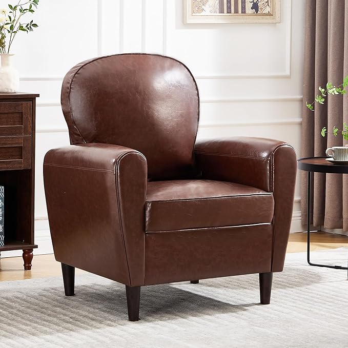 Mid Century Accent Chair Set of 2, Modern Faux Leather Arm Chair, Comfy Upholstered Reading Chair Single Sofa Chairs for Living Room, Bedroom, Club, Dark Brown