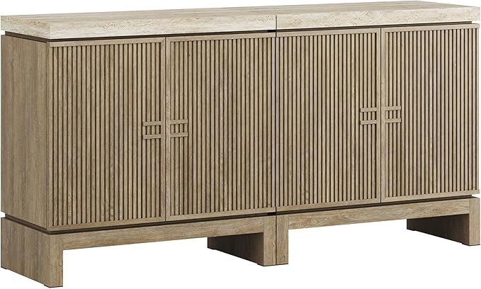 BELLEZE Set of 2 Anton 2 Door Sideboard Buffet Cabinet with Travertine-Look Top, Fluted Reeded Doors, Adjustable Shelf Storage Credenza for Dining Room Living Room Entryway, Travertine Greige