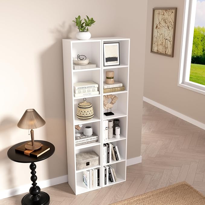 Wooden 6 Cube Storage Organizer, 6 Tier Storage Cubes Storage Display Cubby, 62 Inch Tall Versatile Shelf and Cubby Organizer for Any Space (White, 6 Cube-W(11.8inch)