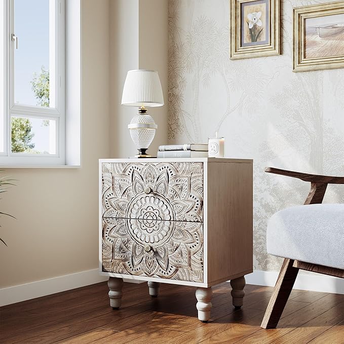 HOMPUS White Nightstands Set 2, Vintage Nightstands with 2 Drawers, Farmhouse Bedside Tables Set of 2, Easy to Assemble End Tables with Lotus Pattern for Small Spaces, Bedroom, Guest Room, White