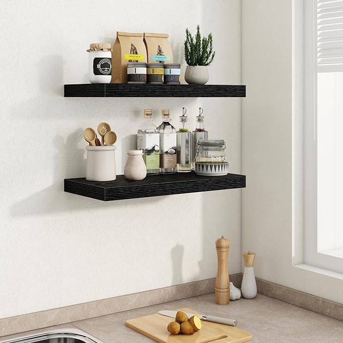 Fun Memories 24 Inch Floating Shelves in Black, 9.3 Inch Deep Floating Shelf for Bathroom Living Room Kitchen, Rusitc Wall Mounted Bathroom Shelves 2 Pack, Heavy-Duty Deep Shelf for Books Decor