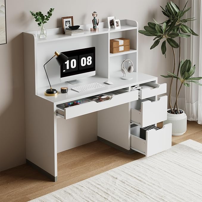 MaverickFurni White Desk with Hutch and Drawers, 53 Inch Computer Desk with Storage File Drawer, White Study Desk with 4 Drawers for Bedroom, Small Space