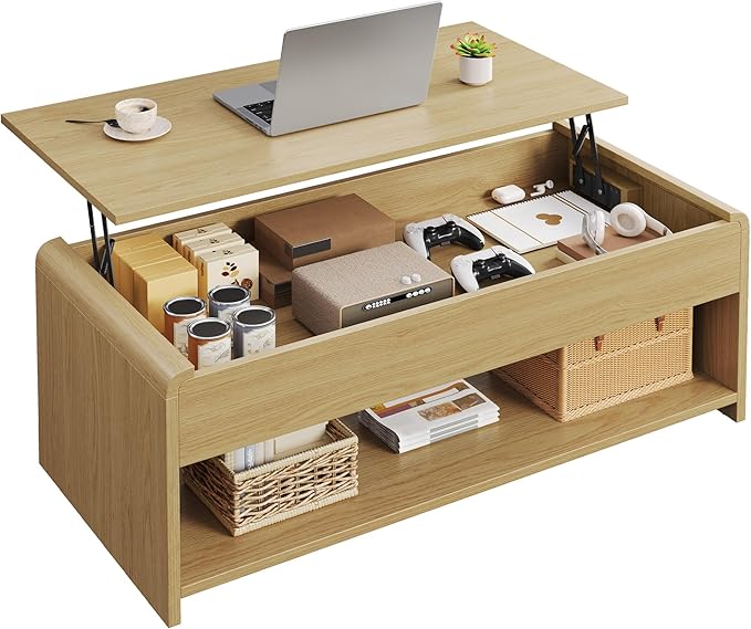 Lift Top Coffee Table, 35'' Multi-Function Coffee Table with Hidden Compartment & Open Shelf, Curved Profile Design, Converts to Home Office Table, Dining Table for Living Room, Natural