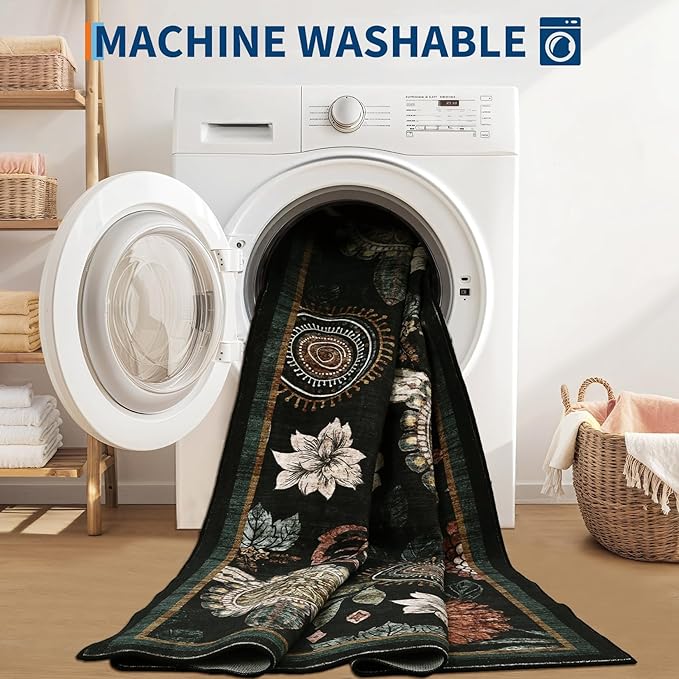 4x6 Washable Small Area Rug for Living Room Boho Floral Soft Black Bedroom Rug Non Slip Office Rugs Low Pile Kitchen Small Carpet Stain Resistant Throw Rug for Bedside Kids Room Dining Room, Black