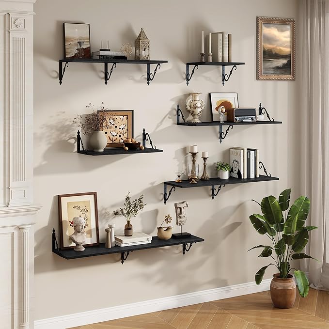 RICHFOCUS 12 Inch Deep Floating Shelves for Wall, 48" W x 12" D Black Wood Wall Shelves Set of 2, Wide Floating Shelves for Living Room, Bedroom, Kitchen, Bathroom and Decor Storage, Black