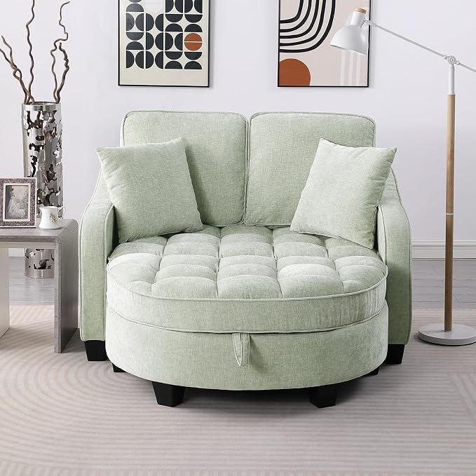 Oversized Curved Chaise Lounge Chair Indoor with Ottoman, 54.8" Cloud Boneless Reading Chair Soft Chenille Circle Couch w/Adjustable Backrest for Living Room, Apartroom, Bedroom, Cyan