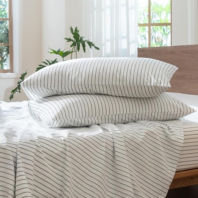 MooMee Striped Duvet Cover Set 100% Washed Cotton Linen Like Textured Breathable Durable Soft Comfy (White Heathered Green Wide Stripes, Oversized Queen 98"x98")