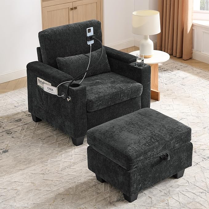 Oversized Chaise Lounge Chair Indoor, Single Convertible Recliner Reading Arm Sofa Chair W/Adjustable Backrest & Charging Port Couch Bed for Living Room, Home Theater & Bedroom, Black