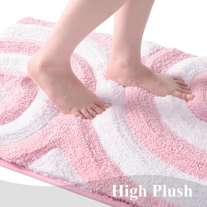 QJHOMO Pink and White Cute Bathroom Rugs Non Slip Bath Mat Modern Aesthetic Bathroom Decor, Geometric Striped Bath Rug Fluffy Floor Mats, Thick Microfiber Carpet Machine Washable (20x32 inch)