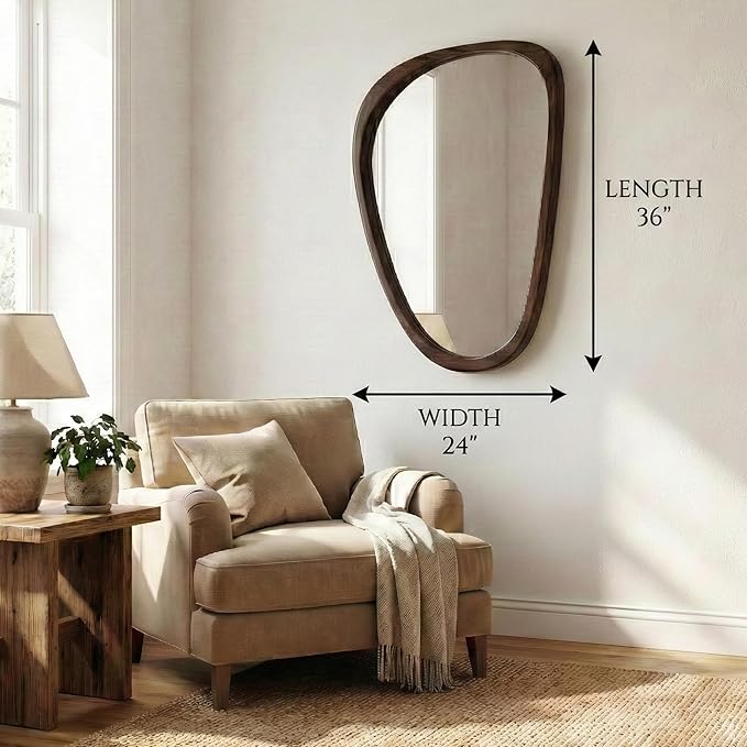 Irregular Asymmetrical Wall Mirror 36"×24" with Solid Wood Frame, Sculptural Mid-Century Modern Decorative Wall Mirror for Living Room & Entryway