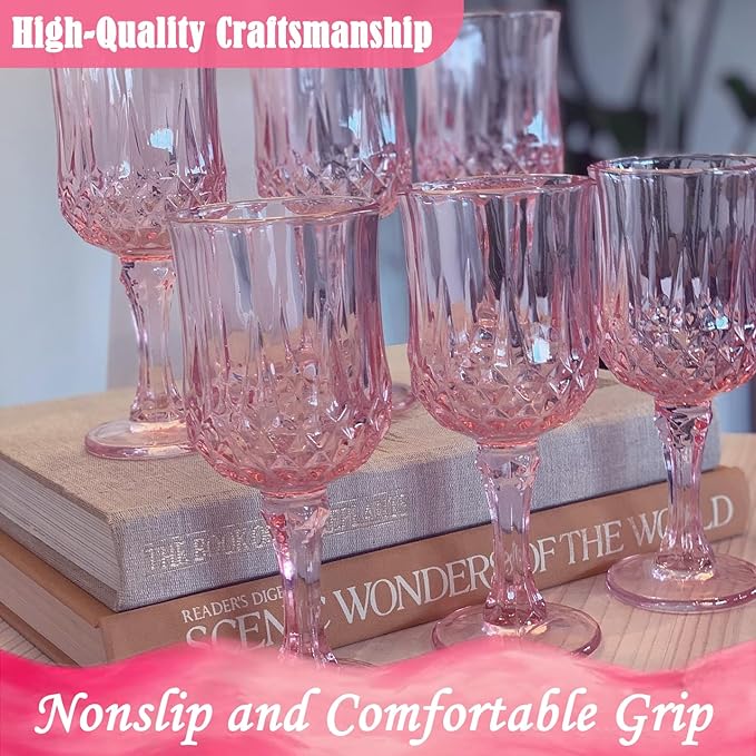 Plastic Wine Glasses, Plastic Goblets Vintage Style Cordial Drinking Glasses for Valentineās Day, Wedding Reception, Grand Event Party Supplies (24, Pink)