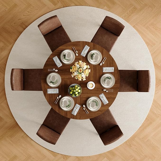 47" Round Dining Table Set for 6, Walnut Wood Grain Table and 6 Brown Suede Upholstered Chairs Set, Mid Century Modern Kitchen Table Set with Cross Legs