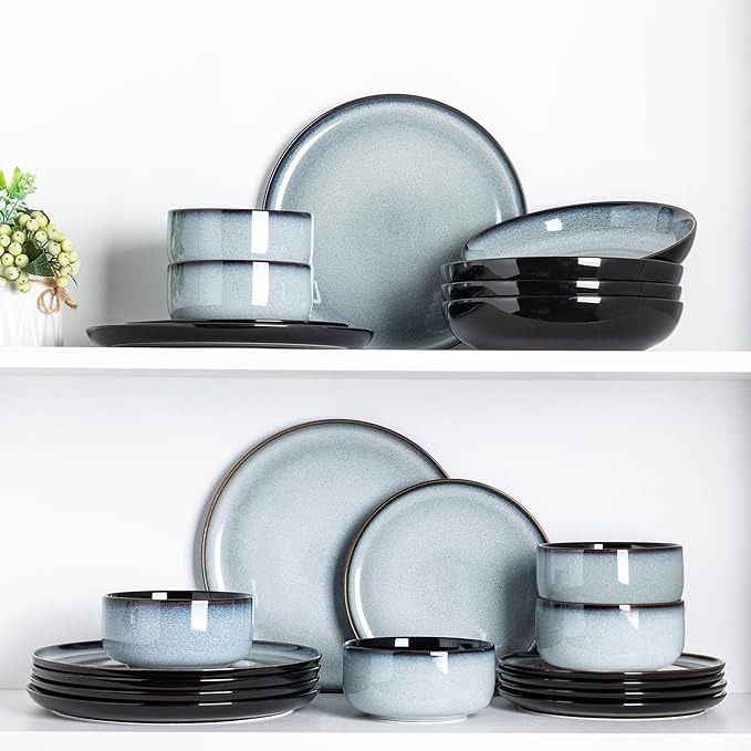 LERATIO Ceramic Dinnerware Sets for 8,Plates and Bowls Sets,Reactive Glaze Dishes Set,Highly Chip and Crack Resistant | Dishwasher & Microwave & Oven Safe Dishes set,Service for 8-Gray White(24pcs)