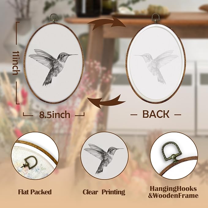 DILSJ Vintage Hummingbird Sketch Oval Wall Art Decor, Rustic Farmhouse Hummingbird Canvas Wall Art Framed, Neutral Bird Hanging Decorations for Home Living Room Bedroom, 11x8.5 Inch