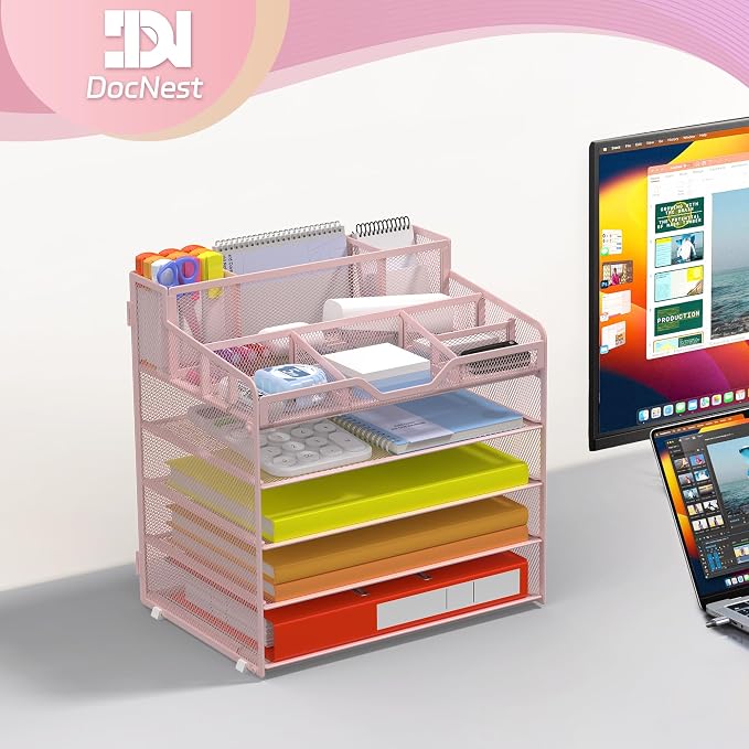 Docnest 5 Tier Mesh Desk Organizer for Paper Office Supplies – Multi-Functional Letter Tray with 5 Adjustable Compartments, 3 Pen Holders, Desktop Storage for Files, Mail, Stationery – Pink