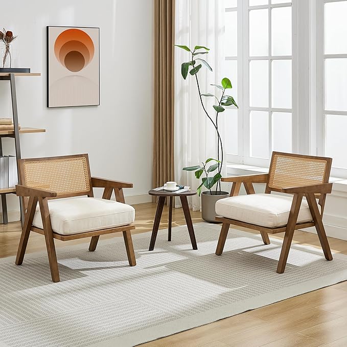 Accent Chair Mid Century Modern, Comfy Living Room Chairs with Sturdy Wood Legs, Rattan Backrest & Beige Thick Linen Cushion, Armchair for Bedroom Balcony Apartment, Beige