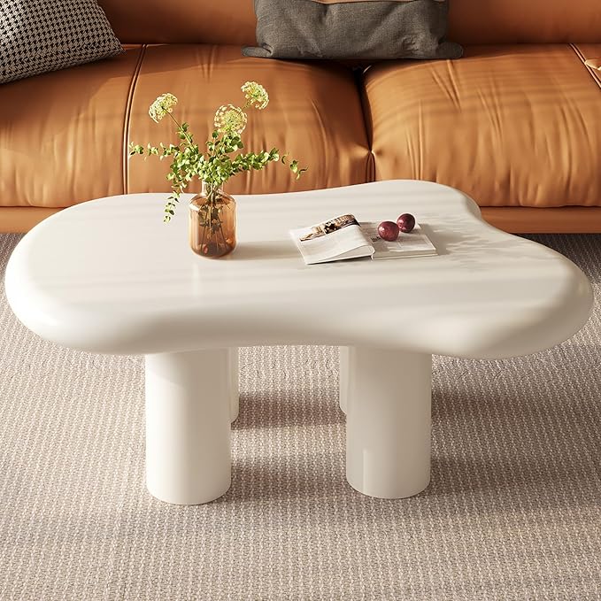 Guyii Cloud-Shaped Coffee Table, Modern Sofa Table with 4 Legs, Cream White Center Table, Small Irregular Tea Table for Living Room, Easy Assembly (White)