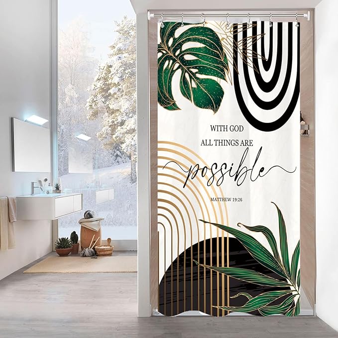 Miyotaa Stall Abstract Shower Curtain Set 36Wx71H Inches Modern Half Small Minimalist Aesthetic Bible Quotes Inspirational Contemporary Plant Leaves Tiny Bathroom Curtain with 12 Hooks