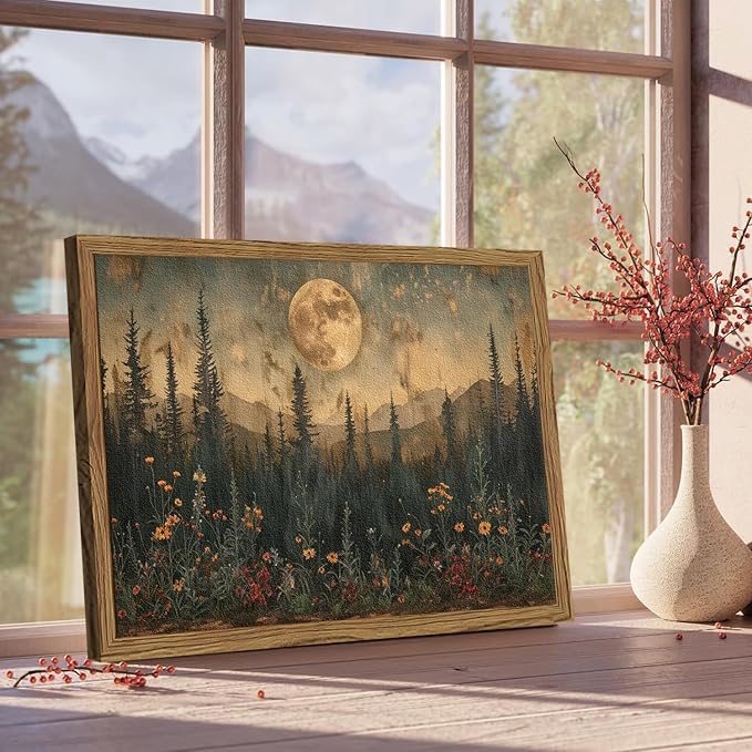 Vintage Nature Forest Wall Art Dark Moon Landscape Painting Wall Decor Woodland Picture Artwork 3D Textured Hand Drawn Sandstone for Farmhouse Bedroom Living Room 24x36 inch Wood Framed