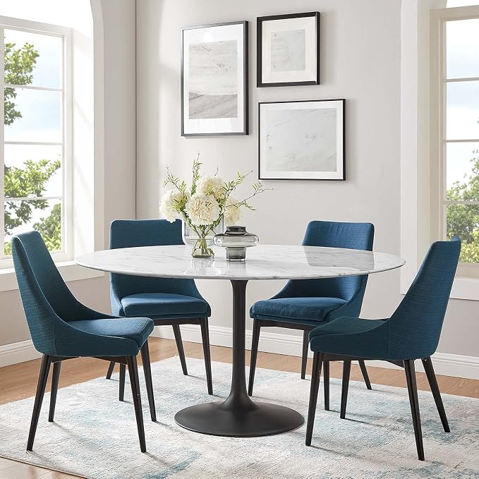 Modway Lippa Round 60" Mid-Century Modern Artificial Marble Dining Table in Black White