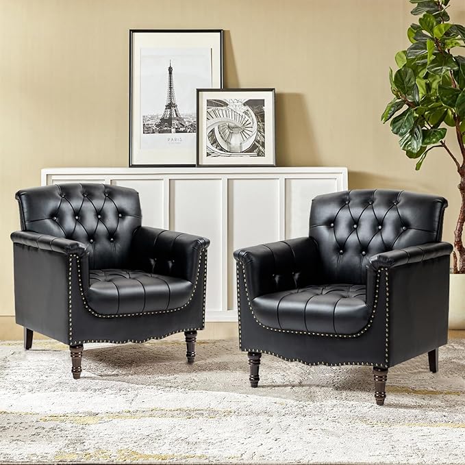 Pia Ricco Modern Tufted Accent Chair, Single Faux Leather Armchair with Nailhead Trim & Wood Legs, Comfortable Upholstered Seat for Living Room, Office - Black