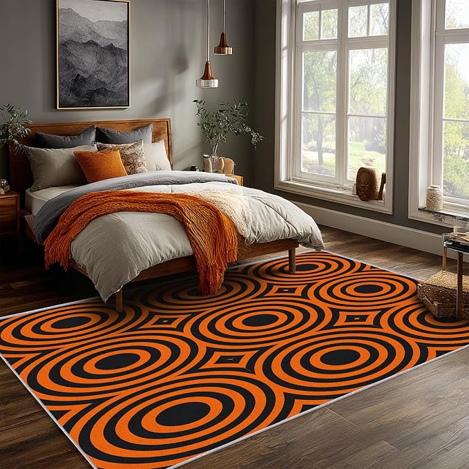 Retro Rings Area Rug 5x8, Optical Geometric Circle Rug, Bold Retro Pattern Carpet for Living Room Bedroom, Non Slip Soft Area Rug