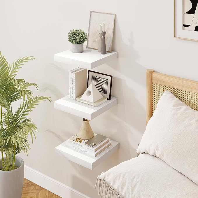 Square Floating Shelves for Wall, 10"W x 10"D x 1.25"H, 3 Packs Small Wall Mounted Engineered Wood Shelves with Invisible Brackets for Living Room, Bedroom, Bathroom, Kitchen Decor, White