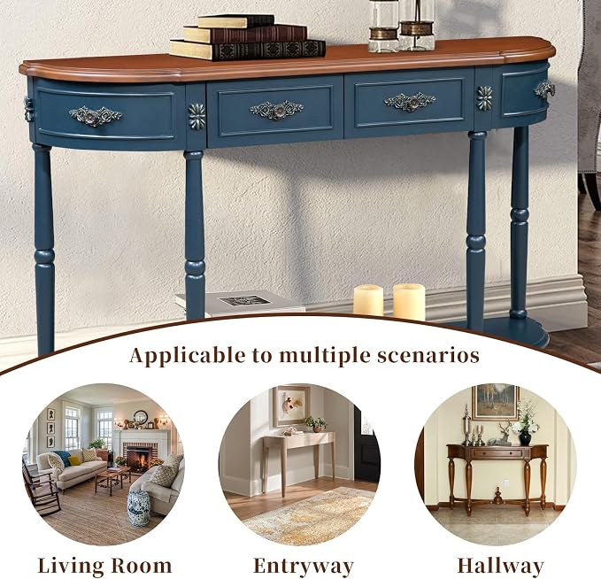 Retro Curved Console Table, 52" Half Moon Sofa Entryway With 2 Drawers 1 Open Shelf, Solid Pine Legs for Living Room, Hallway, Navy Blue
