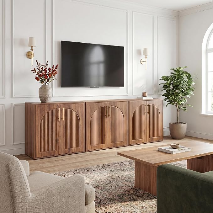 Fluted Sideboard Buffet Cabinet with Storage, Arched Doors & Adjustable Shelves, Modern Accent Credenza, Anti-Tip Console Cabinet for Living Room, Entryway, Hallway & Kitchen, Walnut