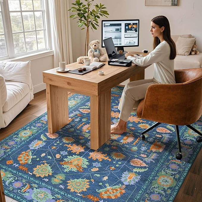 Kokia 9x12 Area Rugs Living Room Washable Non Slip Low Pile Vintage Oushak Stain Resistant Soft Large Oriental Rugs for Bedroom, Dining Room, Kitchen, Indoor Leisure Rooms, Nova Peacock